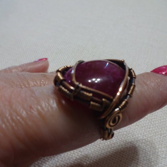 Rustic RUBY QUARTZ Handmade COPPER WIRE-WRAPPED Ring Size 9.5 #796B - Picture 2 of 4